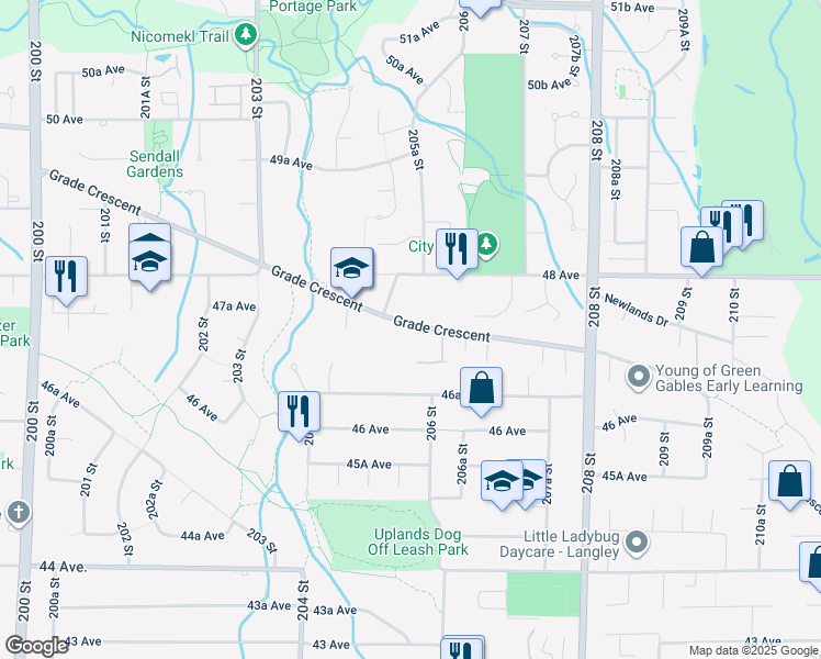 map of restaurants, bars, coffee shops, grocery stores, and more near 20556 Grade Crescent in Langley