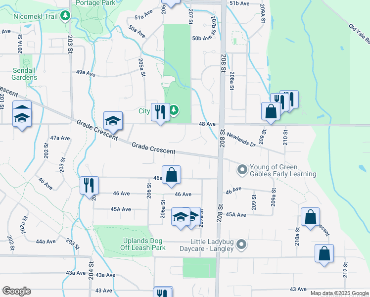 map of restaurants, bars, coffee shops, grocery stores, and more near 20717 Grade Crescent in Langley