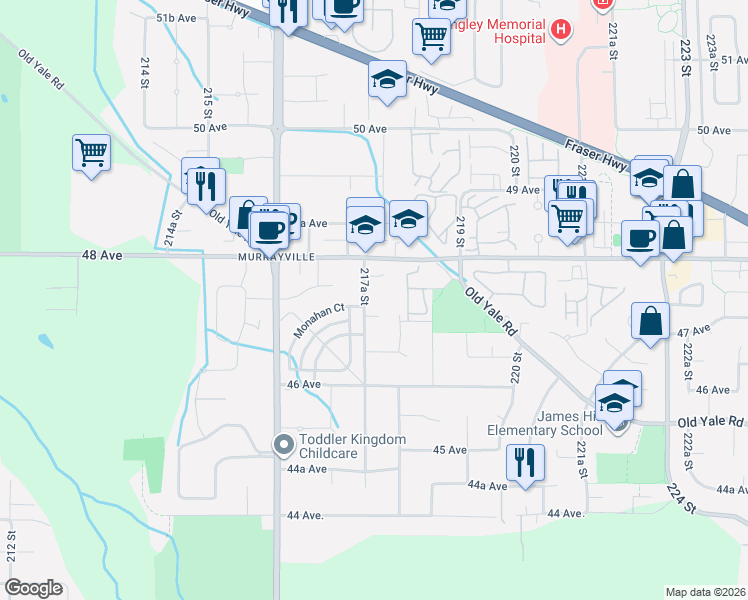 map of restaurants, bars, coffee shops, grocery stores, and more near 4722 217A Street in Langley