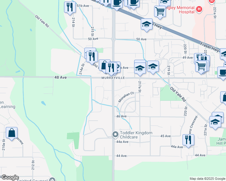 map of restaurants, bars, coffee shops, grocery stores, and more near 21605 47A Avenue in Langley