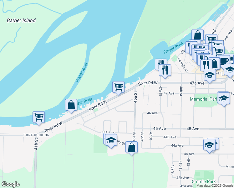 map of restaurants, bars, coffee shops, grocery stores, and more near 4551 River Road West in Delta