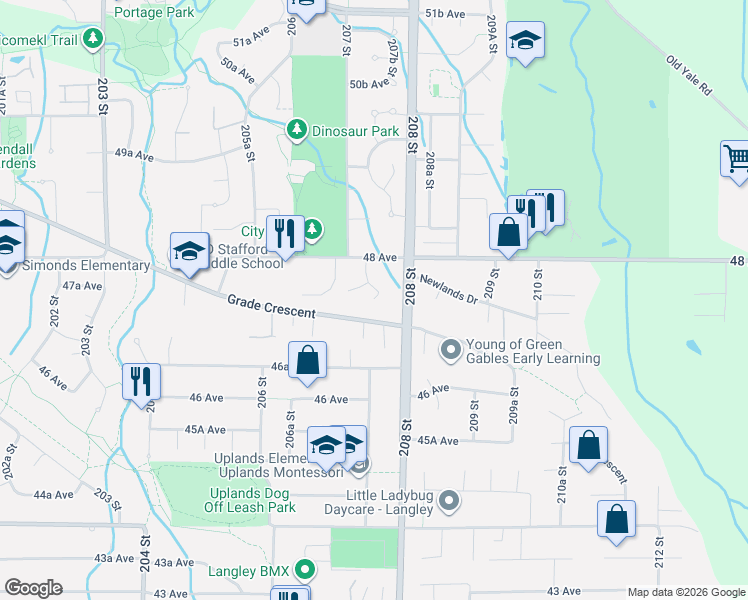 map of restaurants, bars, coffee shops, grocery stores, and more near 2073 47A Avenue in Langley