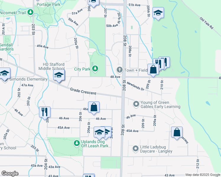 map of restaurants, bars, coffee shops, grocery stores, and more near 4745 207A Street in Langley