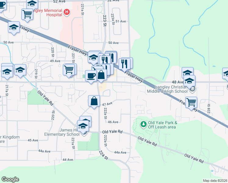 map of restaurants, bars, coffee shops, grocery stores, and more near 4739 223 Street in Langley