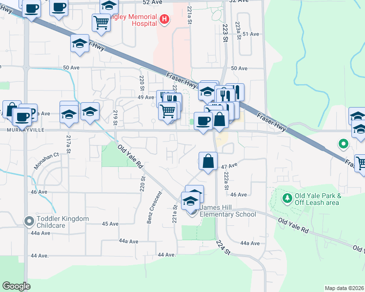 map of restaurants, bars, coffee shops, grocery stores, and more near 4740 221 Street in Langley Township