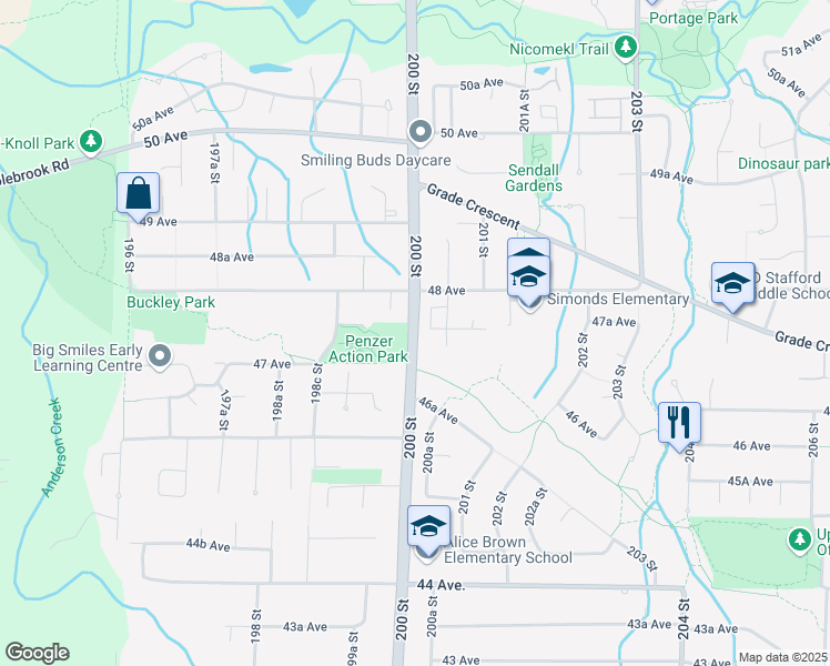 map of restaurants, bars, coffee shops, grocery stores, and more near 200 Street in Metro Vancouver