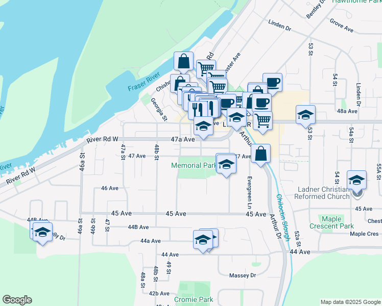 map of restaurants, bars, coffee shops, grocery stores, and more near 3 47 Avenue in Delta