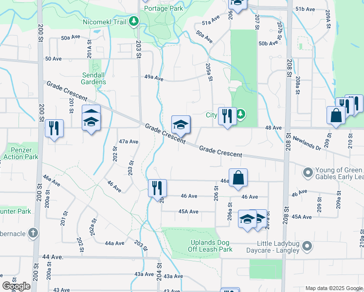 map of restaurants, bars, coffee shops, grocery stores, and more near 6914 204A Street in Langley