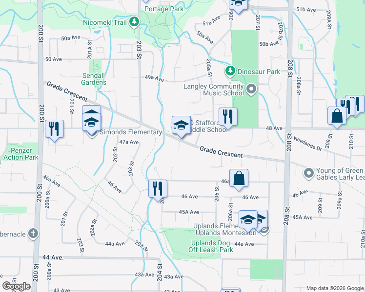 map of restaurants, bars, coffee shops, grocery stores, and more near 6930 204A Street in Langley