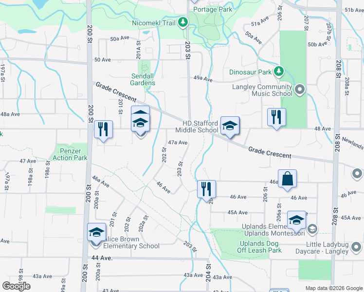 map of restaurants, bars, coffee shops, grocery stores, and more near 20260 47A Avenue in Langley