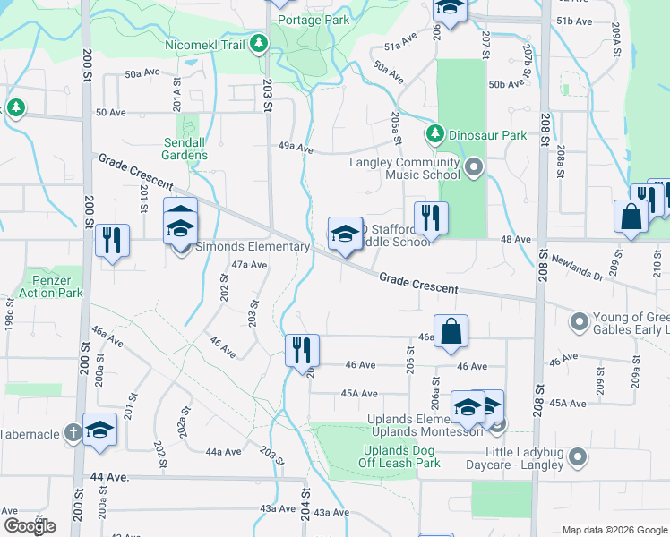 map of restaurants, bars, coffee shops, grocery stores, and more near 4765 204A Street in Langley