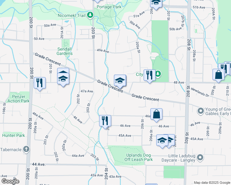 map of restaurants, bars, coffee shops, grocery stores, and more near 6887 204A Street in Langley
