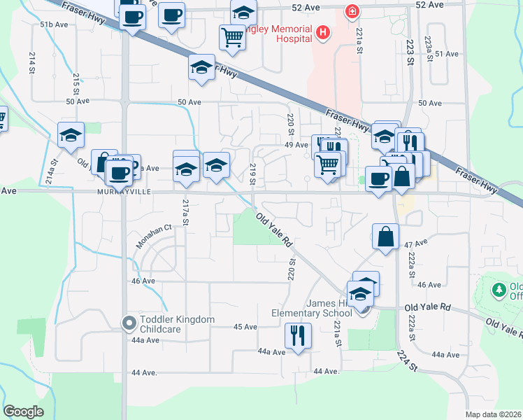 map of restaurants, bars, coffee shops, grocery stores, and more near 21928 48 Avenue in Langley