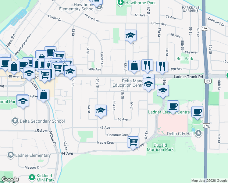 map of restaurants, bars, coffee shops, grocery stores, and more near 55A Street in Delta