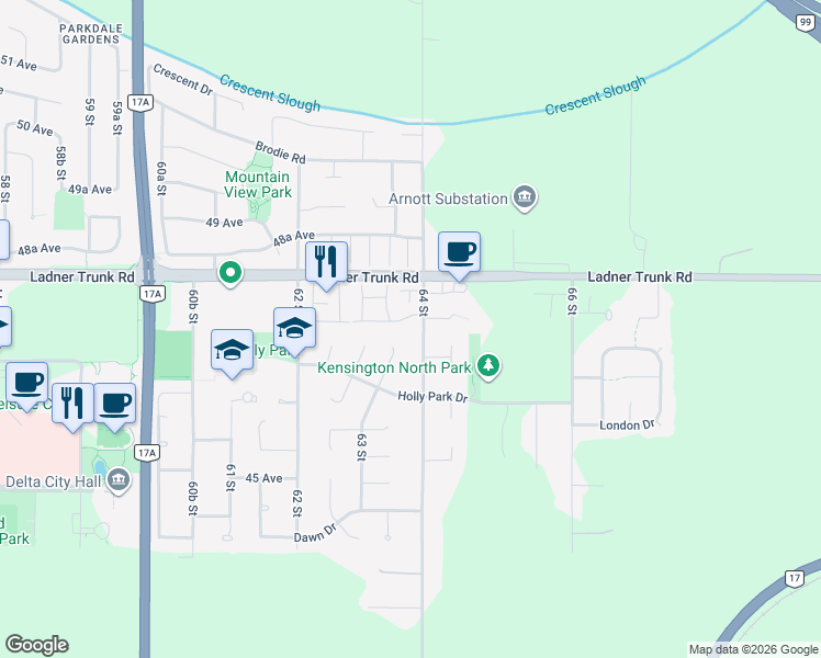 map of restaurants, bars, coffee shops, grocery stores, and more near 4729 64 Street in Delta