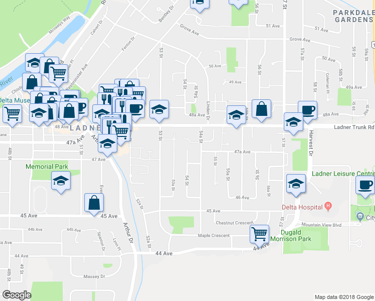 map of restaurants, bars, coffee shops, grocery stores, and more near 4732 54 Street in Delta