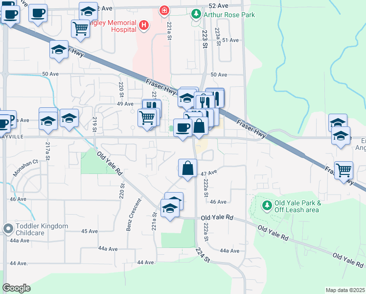map of restaurants, bars, coffee shops, grocery stores, and more near 22198 48 Avenue in Langley City