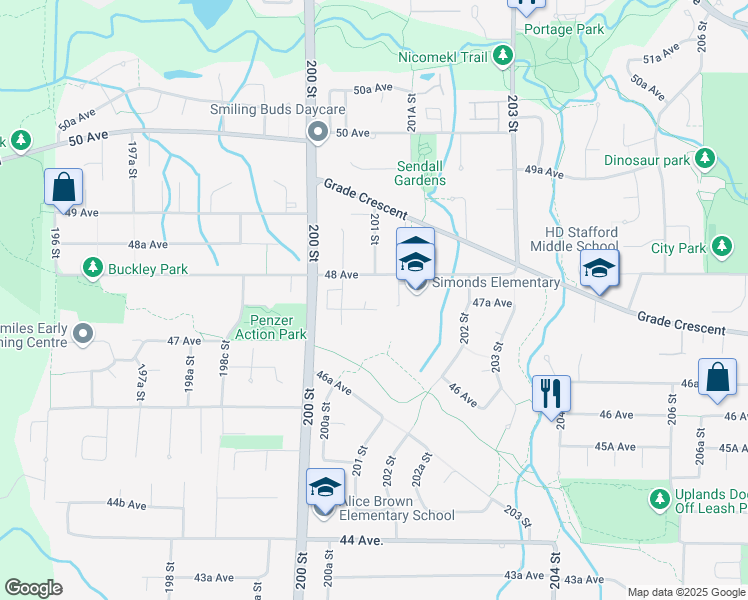 map of restaurants, bars, coffee shops, grocery stores, and more near 4760 201 Street in Langley