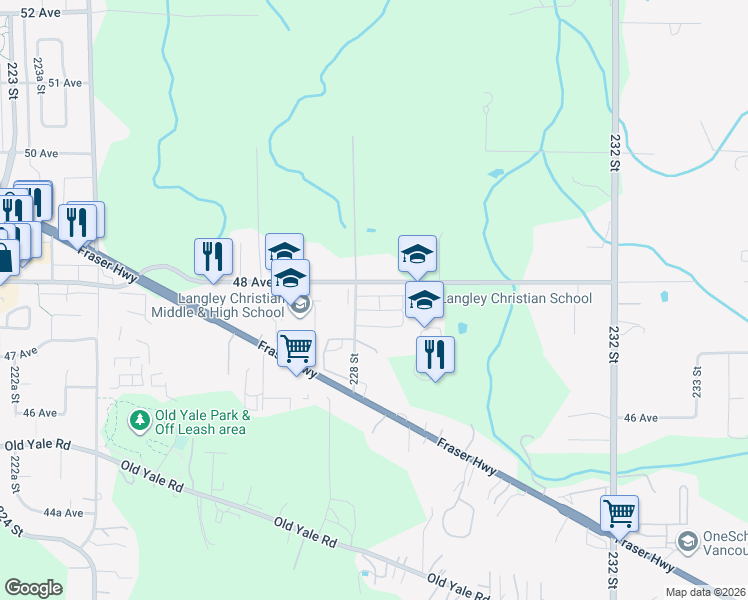 map of restaurants, bars, coffee shops, grocery stores, and more near 4750 228 Street in Langley Township