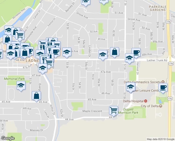 map of restaurants, bars, coffee shops, grocery stores, and more near 9 47A Avenue in Delta