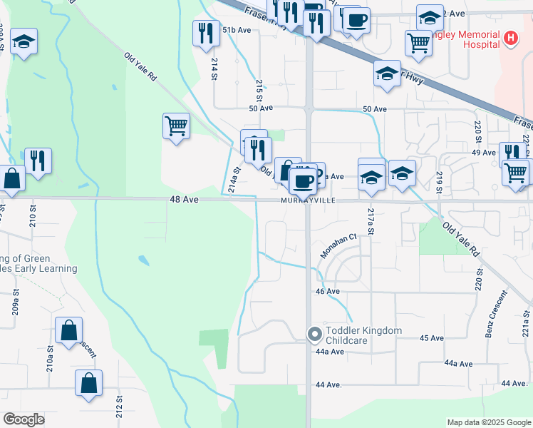 map of restaurants, bars, coffee shops, grocery stores, and more near 21543 47B Avenue in Langley