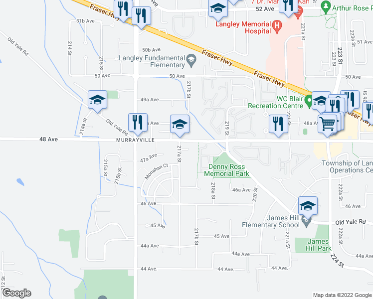 map of restaurants, bars, coffee shops, grocery stores, and more near 21858 47B Avenue in Langley City