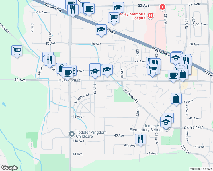 map of restaurants, bars, coffee shops, grocery stores, and more near 21858 47B Avenue in Langley Township
