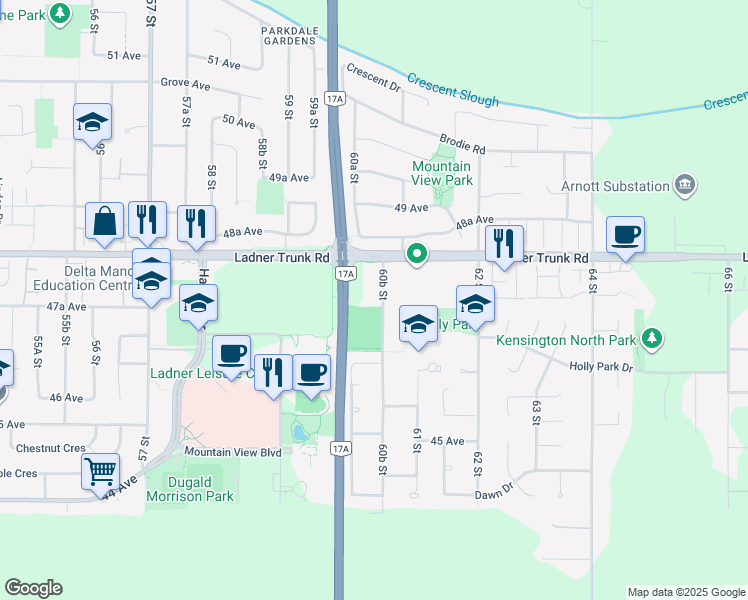 map of restaurants, bars, coffee shops, grocery stores, and more near 4729 60B Street in Delta