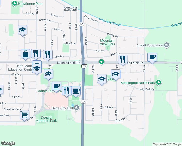 map of restaurants, bars, coffee shops, grocery stores, and more near 4729 60B Street in Delta