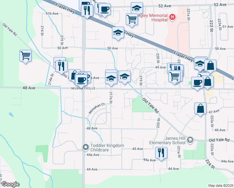 map of restaurants, bars, coffee shops, grocery stores, and more near 21858 47B Avenue in Langley