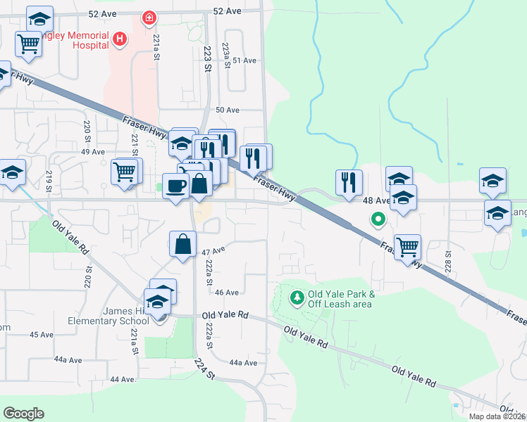 map of restaurants, bars, coffee shops, grocery stores, and more near 4771 224 Street in Langley Township