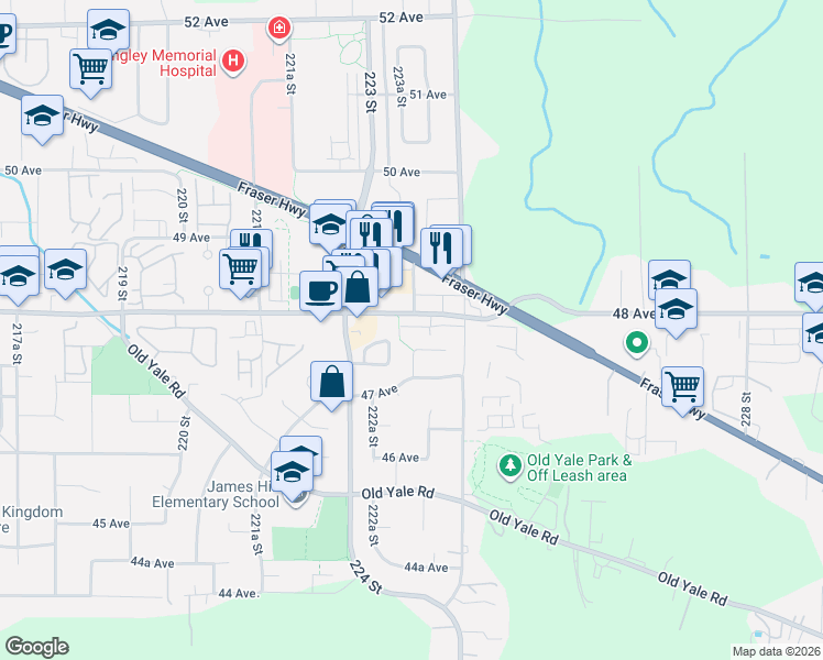 map of restaurants, bars, coffee shops, grocery stores, and more near 22334 48 Avenue in Langley Township