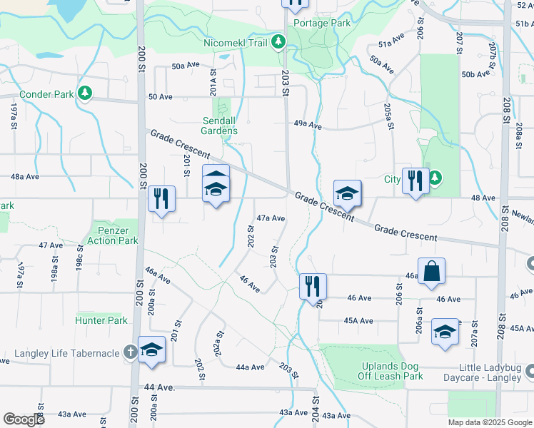map of restaurants, bars, coffee shops, grocery stores, and more near 20221 47A Avenue in Langley