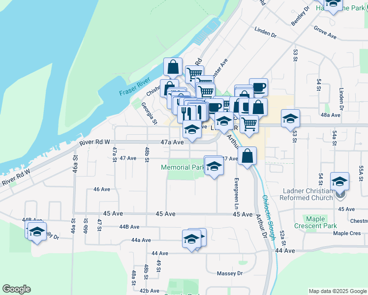 map of restaurants, bars, coffee shops, grocery stores, and more near 4988 47A Avenue in Delta