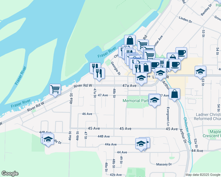 map of restaurants, bars, coffee shops, grocery stores, and more near 4850 47A Avenue in Delta