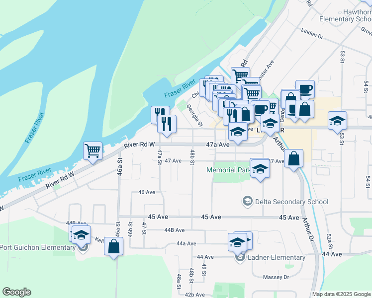 map of restaurants, bars, coffee shops, grocery stores, and more near 4850 47A Avenue in Delta
