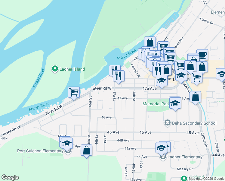 map of restaurants, bars, coffee shops, grocery stores, and more near 4725 47A Street in Delta