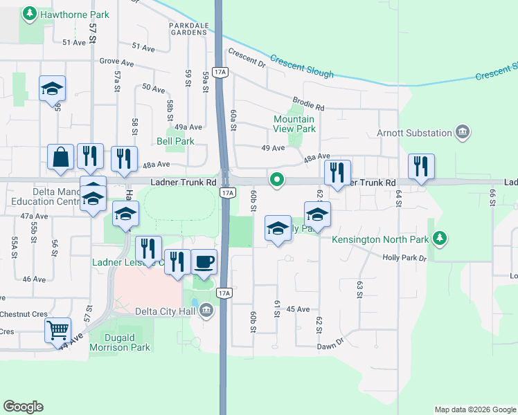 map of restaurants, bars, coffee shops, grocery stores, and more near 4732 60B Street in Delta