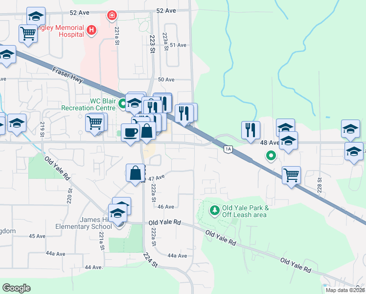 map of restaurants, bars, coffee shops, grocery stores, and more near 4771 224 Street in Langley