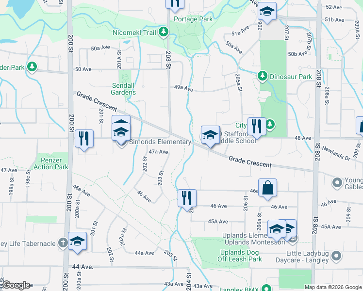 map of restaurants, bars, coffee shops, grocery stores, and more near 4760 203 Street in Langley City