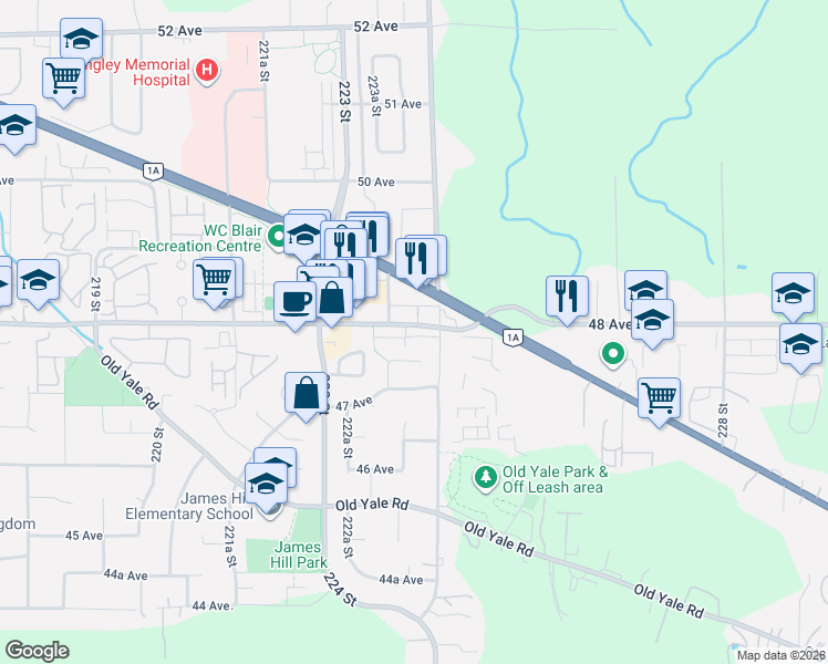 map of restaurants, bars, coffee shops, grocery stores, and more near 22348 48 Avenue in Langley