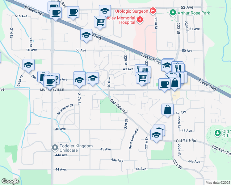 map of restaurants, bars, coffee shops, grocery stores, and more near 21928 48 Avenue in Langley Township