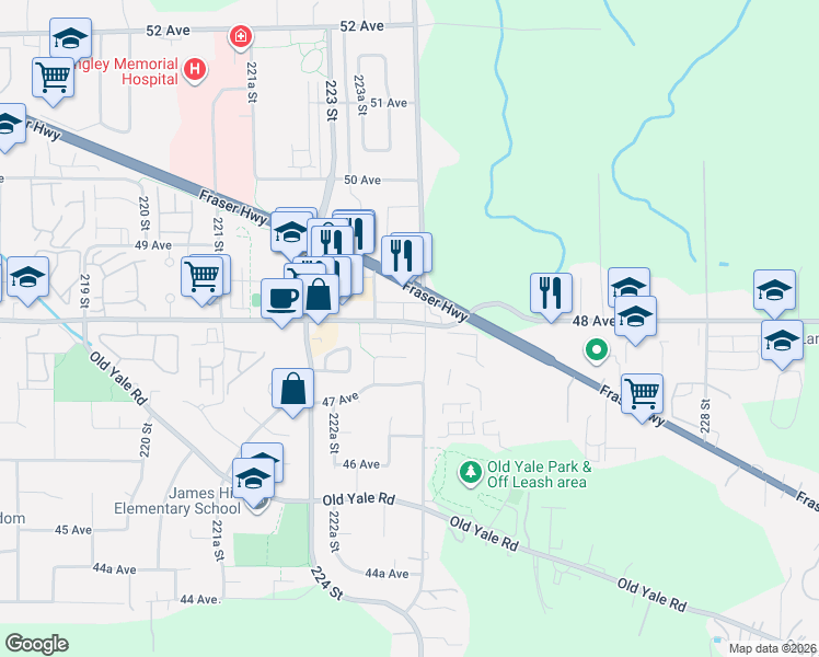 map of restaurants, bars, coffee shops, grocery stores, and more near 4771 224 Street in Langley Township