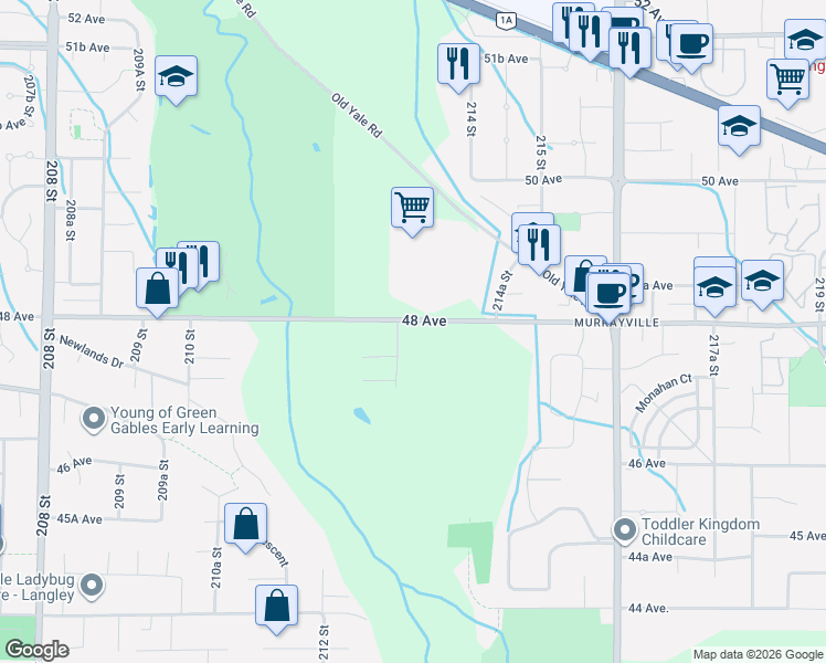 map of restaurants, bars, coffee shops, grocery stores, and more near 21004-21326 48 Avenue in Langley