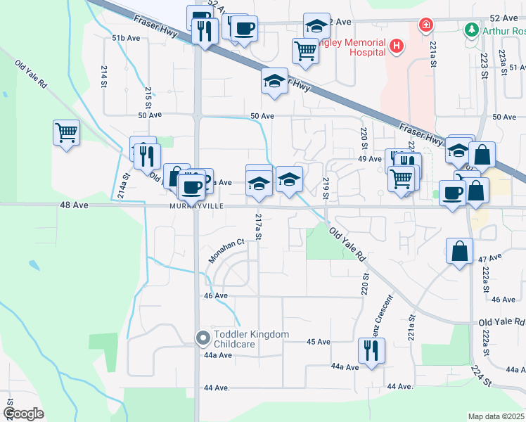 map of restaurants, bars, coffee shops, grocery stores, and more near 4786 217A Street in Langley