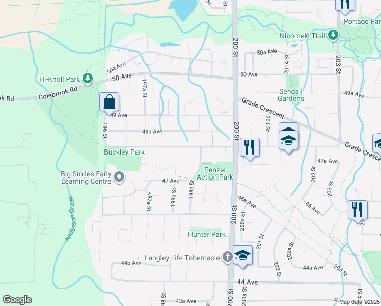 map of restaurants, bars, coffee shops, grocery stores, and more near 19850 48 Avenue in Langley