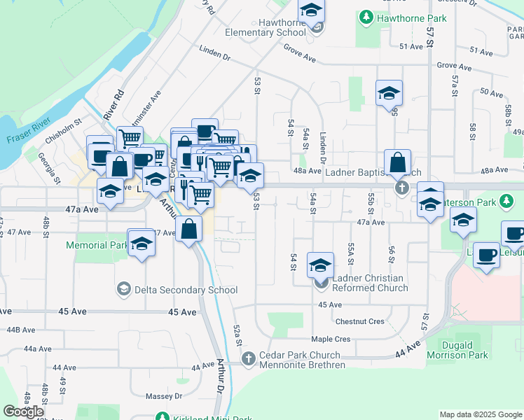 map of restaurants, bars, coffee shops, grocery stores, and more near 4758 53 Street in Delta