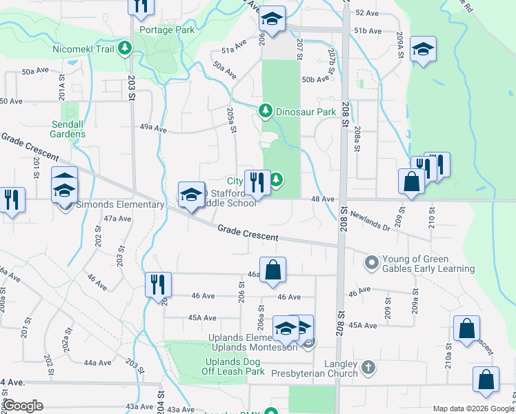 map of restaurants, bars, coffee shops, grocery stores, and more near 20624 48 Avenue in Langley