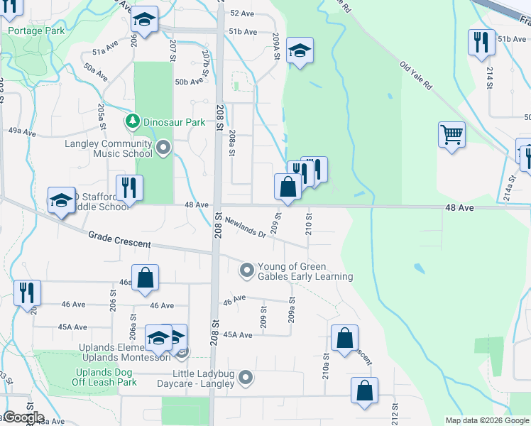 map of restaurants, bars, coffee shops, grocery stores, and more near 20888 48 Avenue in Langley