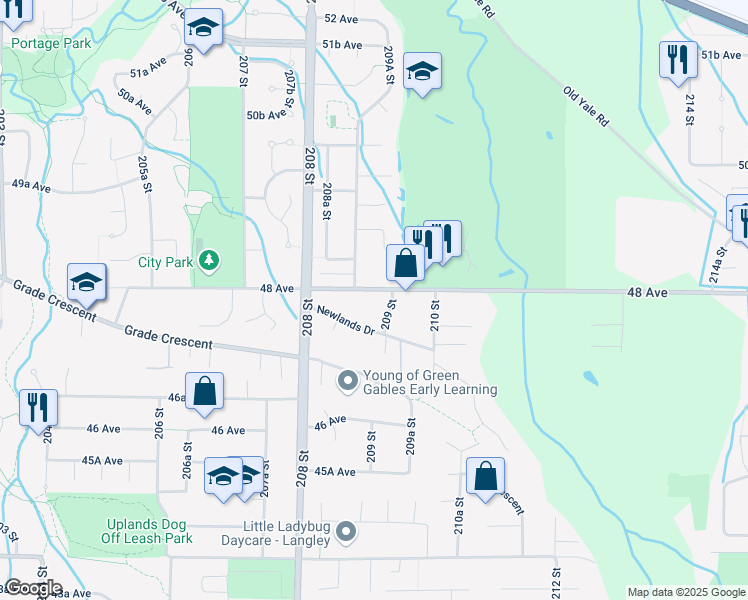map of restaurants, bars, coffee shops, grocery stores, and more near 20888 48 Avenue in Langley